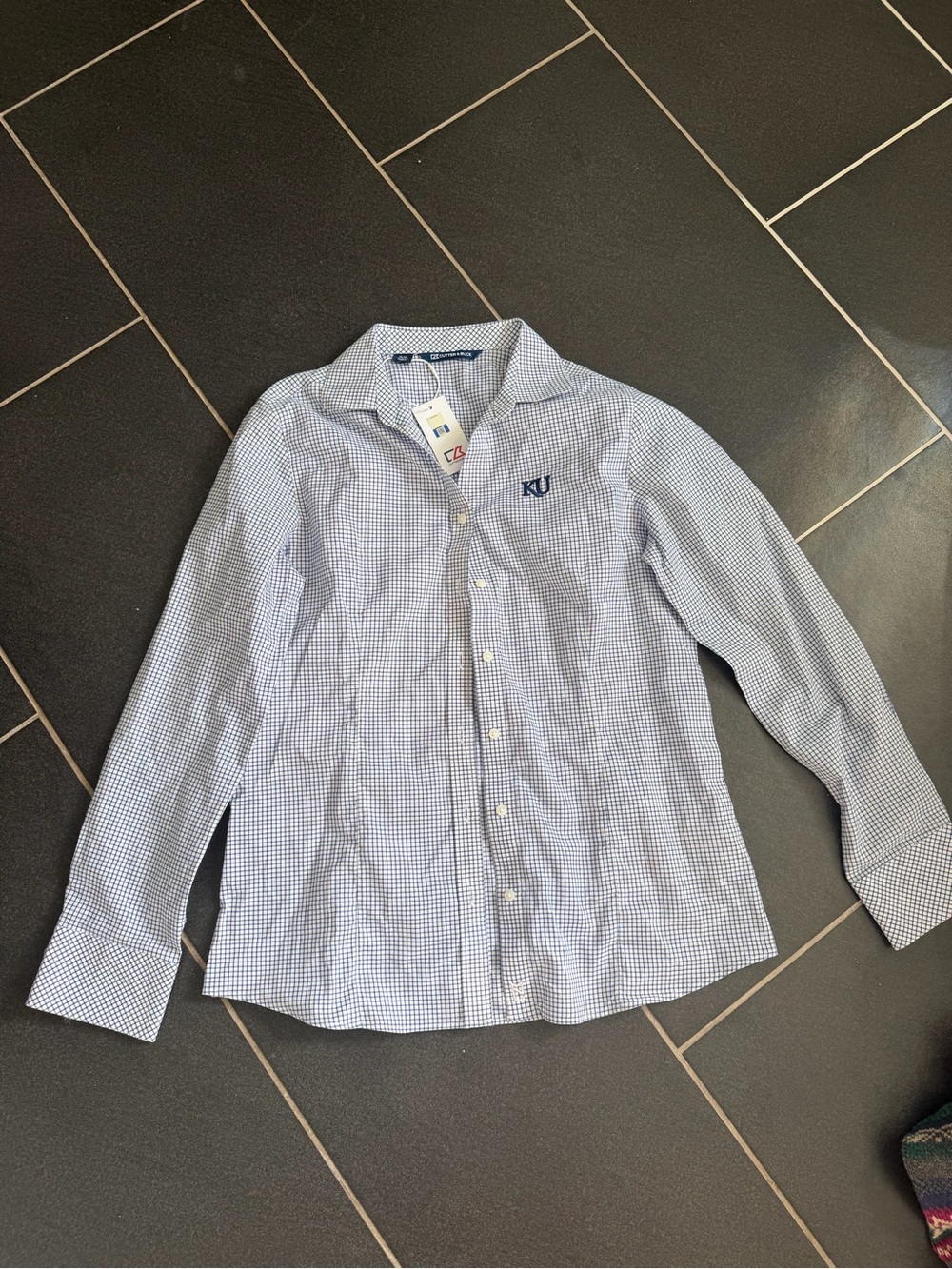 NWT Cutter & Buck Kansas Jayhawks KU Women’s Medium Blue Check Button Down Shirt